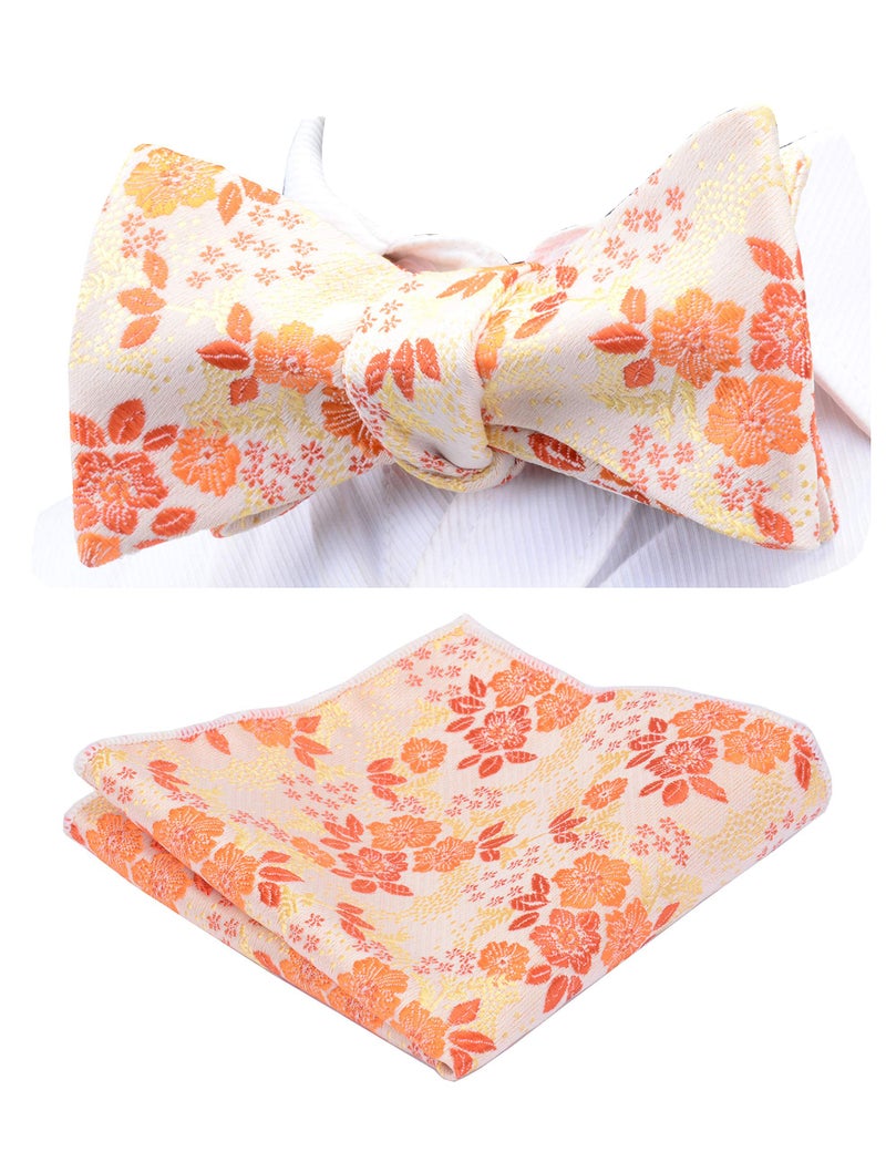 GUSLESON Silk Mens Bowtie Orange Floral Self Tie Bow Tie & Hankerchief Set (0564-17) - Image 1